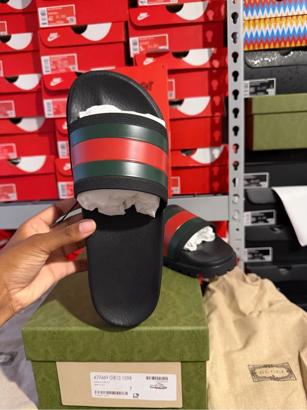 Men Gucci Black Slides with Green and Red Web Stripe Men Size 7.5